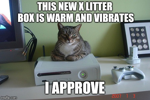 Cats Only Hear The "Box" When You Say Xbox | THIS NEW X LITTER BOX IS WARM AND VIBRATES; I APPROVE | image tagged in cat,funny cat memes,xbox,litter box | made w/ Imgflip meme maker