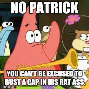 No Patrick Meme | NO PATRICK YOU CAN'T BE EXCUSED TO BUST A CAP IN HIS RAT ASS. | image tagged in memes,no patrick | made w/ Imgflip meme maker