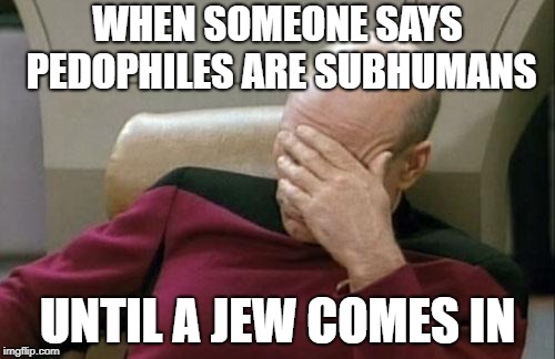 Captain Picard Facepalm | WHEN SOMEONE SAYS PEDOPHILES ARE SUBHUMANS; UNTIL A JEW COMES IN | image tagged in memes,captain picard facepalm | made w/ Imgflip meme maker