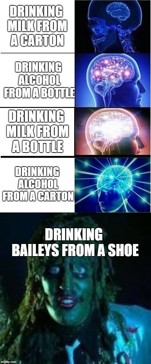 DRINKING MILK FROM A CARTON DRINKING ALCOHOL FROM A BOTTLE DRINKING MILK FROM A BOTTLE DRINKING ALCOHOL FROM A CARTON DRINKING BAILEYS FROM  | image tagged in memes,expanding brain | made w/ Imgflip meme maker