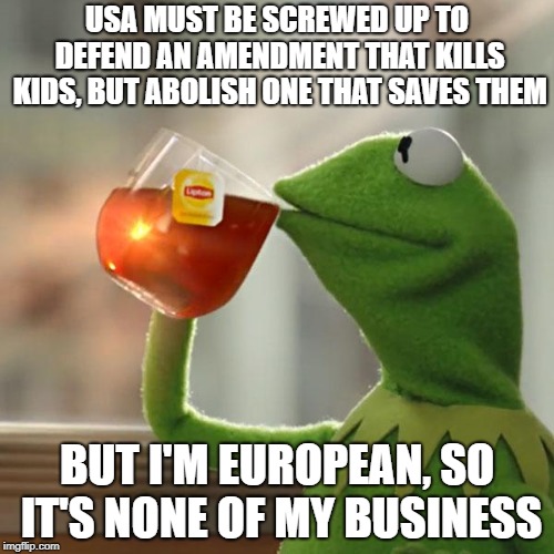 But That's None Of My Business Meme | USA MUST BE SCREWED UP TO DEFEND AN AMENDMENT THAT KILLS KIDS, BUT ABOLISH ONE THAT SAVES THEM; BUT I'M EUROPEAN, SO IT'S NONE OF MY BUSINESS | image tagged in memes,but thats none of my business,kermit the frog | made w/ Imgflip meme maker