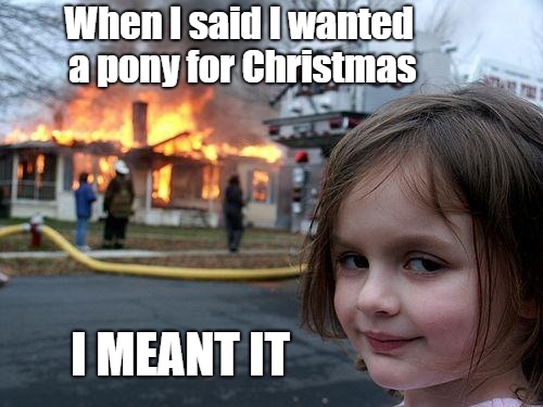 Disaster Girl | When I said I wanted a pony for Christmas; I MEANT IT | image tagged in memes,disaster girl | made w/ Imgflip meme maker