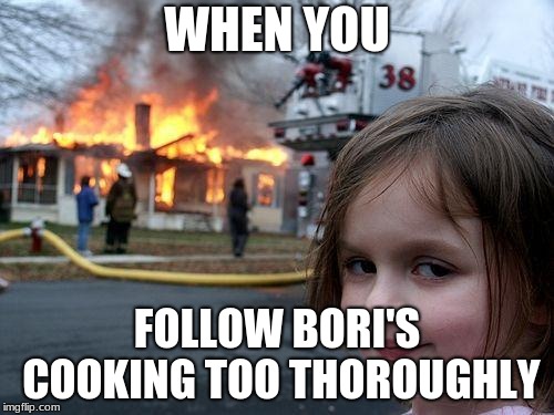 Disaster Girl | WHEN YOU; FOLLOW BORI'S COOKING TOO THOROUGHLY | image tagged in memes,disaster girl | made w/ Imgflip meme maker