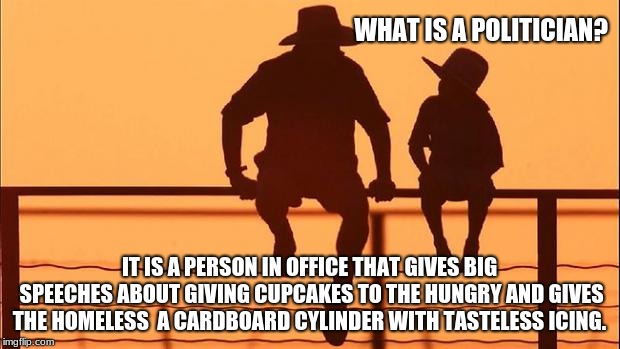 Cowboy wisdom, what is a politician. | WHAT IS A POLITICIAN? IT IS A PERSON IN OFFICE THAT GIVES BIG SPEECHES ABOUT GIVING CUPCAKES TO THE HUNGRY AND GIVES THE HOMELESS  A CARDBOARD CYLINDER WITH TASTELESS ICING. | image tagged in cowboy father and son,cowboy wisdom,political humor,politicians suck | made w/ Imgflip meme maker