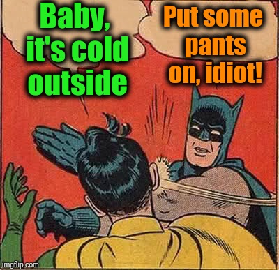 Batman Slapping Robin Meme | Baby, it's cold outside Put some pants on, idiot! | image tagged in memes,batman slapping robin | made w/ Imgflip meme maker
