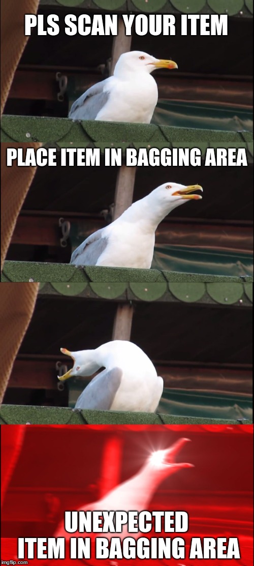 Inhaling Seagull | PLS SCAN YOUR ITEM; PLACE ITEM IN BAGGING AREA; UNEXPECTED ITEM IN BAGGING AREA | image tagged in memes,inhaling seagull | made w/ Imgflip meme maker