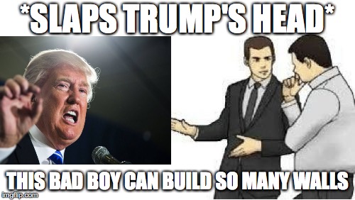 slaps roof | *SLAPS TRUMP'S HEAD*; THIS BAD BOY CAN BUILD SO MANY WALLS | image tagged in slaps roof | made w/ Imgflip meme maker