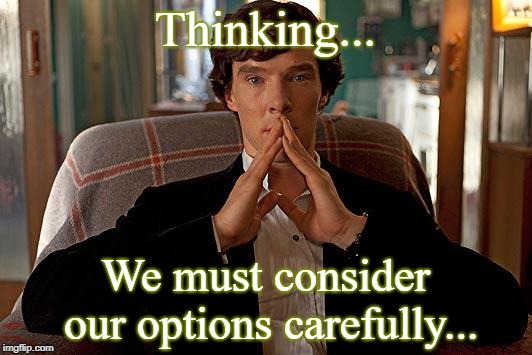 sherlock | Thinking... We must consider our options carefully... | image tagged in sherlock | made w/ Imgflip meme maker