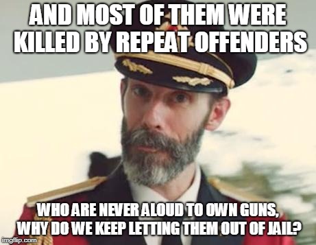 Captain Obvious | AND MOST OF THEM WERE KILLED BY REPEAT OFFENDERS WHO ARE NEVER ALOUD TO OWN GUNS, WHY DO WE KEEP LETTING THEM OUT OF JAIL? | image tagged in captain obvious | made w/ Imgflip meme maker