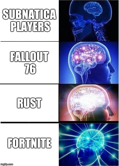 Expanding Brain Meme | SUBNATICA PLAYERS; FALLOUT 76; RUST; FORTNITE | image tagged in memes,expanding brain | made w/ Imgflip meme maker