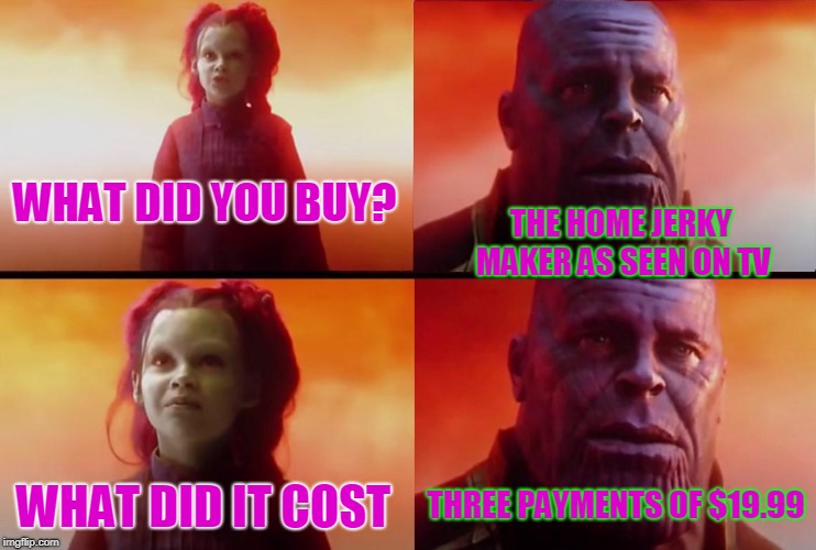 thanos what did it cost | WHAT DID YOU BUY? THE HOME JERKY MAKER AS SEEN ON TV; THREE PAYMENTS OF $19.99; WHAT DID IT COST | image tagged in thanos what did it cost | made w/ Imgflip meme maker