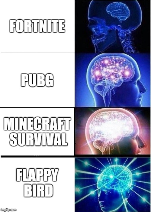 Expanding Brain Meme | FORTNITE; PUBG; MINECRAFT SURVIVAL; FLAPPY BIRD | image tagged in memes,expanding brain | made w/ Imgflip meme maker