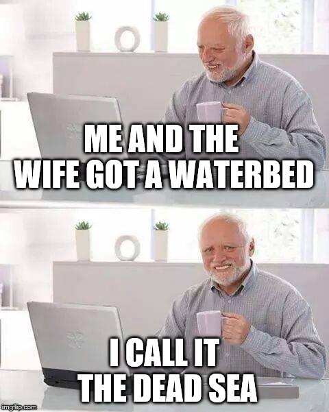 Hide the Pain Harold | ME AND THE WIFE GOT A WATERBED; I CALL IT THE DEAD SEA | image tagged in memes,hide the pain harold | made w/ Imgflip meme maker