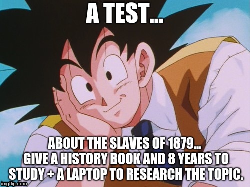 Condescending Goku Meme | A TEST... ABOUT THE SLAVES OF 1879... GIVE A HISTORY BOOK AND 8 YEARS TO STUDY + A LAPTOP TO RESEARCH THE TOPIC. | image tagged in memes,condescending goku | made w/ Imgflip meme maker