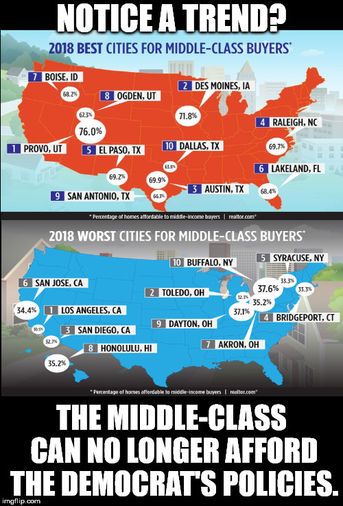 The Democrats are destroying the middle-class with their regulations and taxes. | NOTICE A TREND? THE MIDDLE-CLASS CAN NO LONGER AFFORD THE DEMOCRAT'S POLICIES. | image tagged in blank black,city maps | made w/ Imgflip meme maker