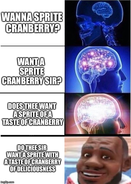 Sprite Cranberry? | WANNA SPRITE CRANBERRY? WANT A SPRITE CRANBERRY SIR? DOES THEE WANT A SPRITE OF A TASTE OF CRANBERRY; DO THEE SIR WANT A SPRITE WITH A TASTE OF CRANBERRY OF DELICIOUSNESS | image tagged in memes,expanding brain | made w/ Imgflip meme maker