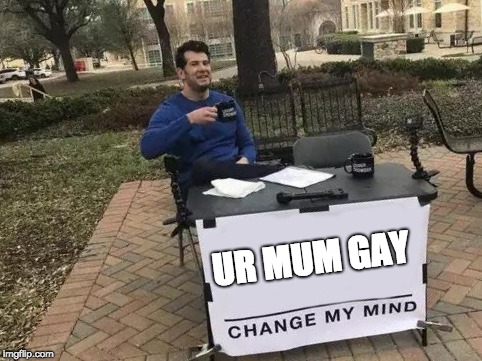 When you can't come up with a good comeback. | UR MUM GAY | image tagged in change my mind,memes,ur mom gay | made w/ Imgflip meme maker