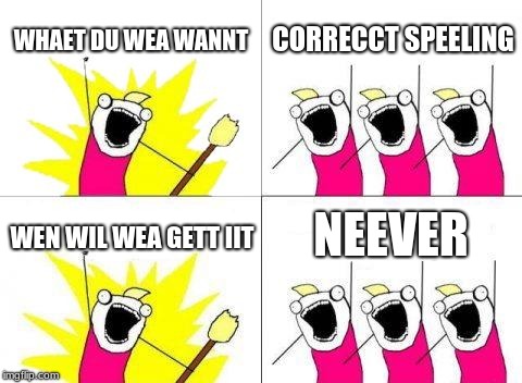 What Do We Want Meme | WHAET DU WEA WANNT; CORRECCT SPEELING; NEEVER; WEN WIL WEA GETT IIT | image tagged in memes,what do we want | made w/ Imgflip meme maker