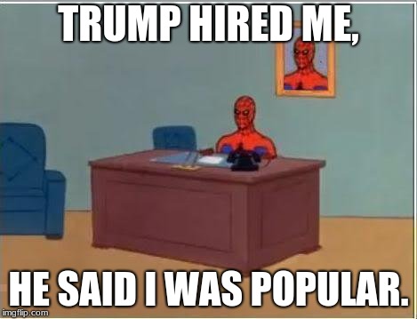 Spiderman Computer Desk | TRUMP HIRED ME, HE SAID I WAS POPULAR. | image tagged in memes,spiderman computer desk,spiderman | made w/ Imgflip meme maker