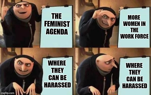 Gru's Plan | THE FEMINIST AGENDA; MORE WOMEN IN THE WORK FORCE; WHERE THEY CAN BE HARASSED; WHERE THEY CAN BE HARASSED | image tagged in gru's plan | made w/ Imgflip meme maker