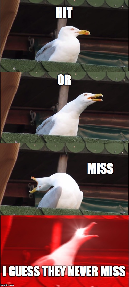 hit or miss seagull edition | HIT; OR; MISS; I GUESS THEY NEVER MISS | image tagged in memes,inhaling seagull | made w/ Imgflip meme maker