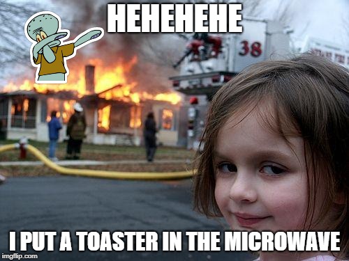 Disaster Girl | HEHEHEHE; I PUT A TOASTER IN THE MICROWAVE | image tagged in memes,disaster girl | made w/ Imgflip meme maker