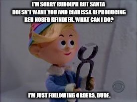 Herbie the Elf  | I'M SORRY RUDOLPH BUT SANTA DOESN'T WANT YOU AND CLARISSA REPRODUCING RED NOSED REINDEER. WHAT CAN I DO? I'M JUST FOLLOWING ORDERS, DUDE. | image tagged in herbie the elf | made w/ Imgflip meme maker