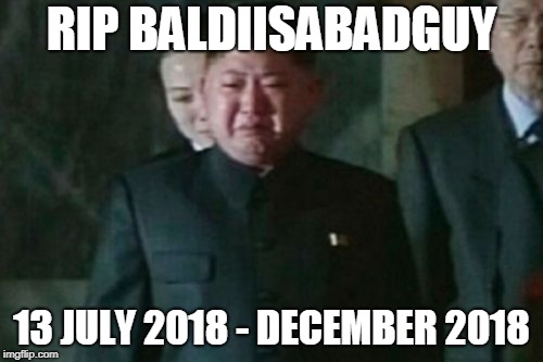 Kim Jong Un Sad | RIP BALDIISABADGUY; 13 JULY 2018 - DECEMBER 2018 | image tagged in memes,kim jong un sad | made w/ Imgflip meme maker