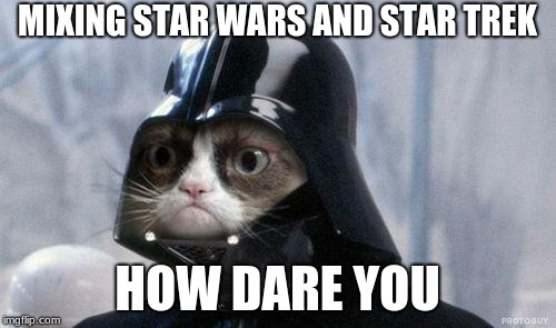 Grumpy Cat Star Wars Meme | MIXING STAR WARS AND STAR TREK HOW DARE YOU | image tagged in memes,grumpy cat star wars,grumpy cat | made w/ Imgflip meme maker