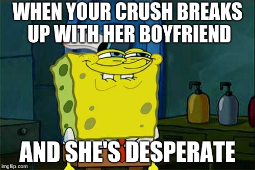 Don't You Squidward |  WHEN YOUR CRUSH BREAKS UP WITH HER BOYFRIEND; AND SHE'S DESPERATE | image tagged in memes,dont you squidward | made w/ Imgflip meme maker