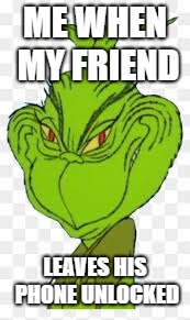ME WHEN MY FRIEND; LEAVES HIS PHONE UNLOCKED | image tagged in grinch,evil | made w/ Imgflip meme maker
