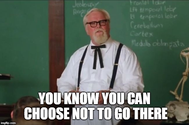 Waterboy Colonel Sanders | YOU KNOW YOU CAN CHOOSE NOT TO GO THERE | image tagged in waterboy colonel sanders | made w/ Imgflip meme maker