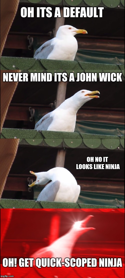 Inhaling Seagull Meme | OH ITS A DEFAULT; NEVER MIND ITS A JOHN WICK; OH NO IT LOOKS LIKE NINJA; OH! GET QUICK-SCOPED NINJA | image tagged in memes,inhaling seagull | made w/ Imgflip meme maker