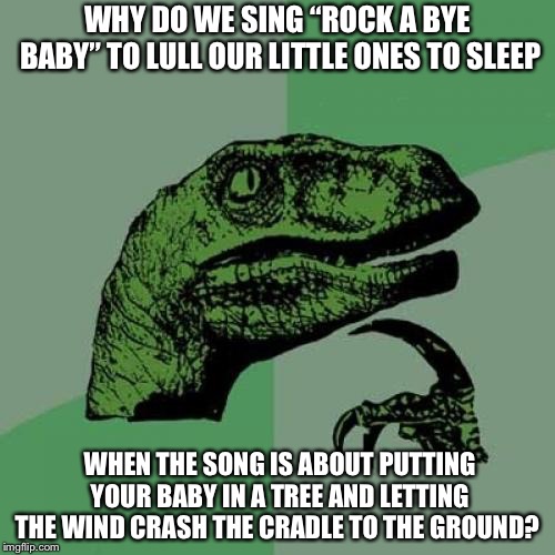 Philosoraptor | WHY DO WE SING “ROCK A BYE BABY” TO LULL OUR LITTLE ONES TO SLEEP; WHEN THE SONG IS ABOUT PUTTING YOUR BABY IN A TREE AND LETTING THE WIND CRASH THE CRADLE TO THE GROUND? | image tagged in memes,philosoraptor,funny,baby,lol,lol so funny | made w/ Imgflip meme maker