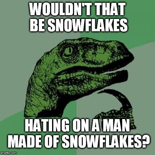 Philosoraptor Meme | WOULDN'T THAT BE SNOWFLAKES HATING ON A MAN MADE OF SNOWFLAKES? | image tagged in memes,philosoraptor | made w/ Imgflip meme maker