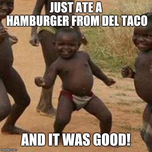 It was good! :) | JUST ATE A HAMBURGER FROM DEL TACO; AND IT WAS GOOD! | image tagged in memes,third world success kid,del taco,hamburger | made w/ Imgflip meme maker