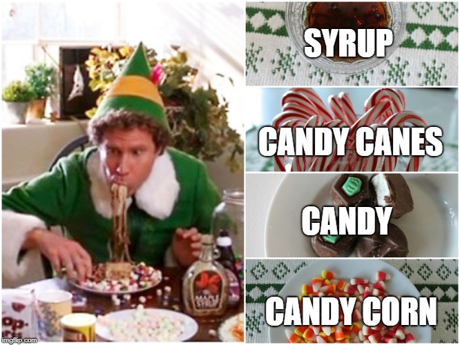 Four Elf Food Groups | SYRUP; CANDY CANES; CANDY; CANDY CORN | image tagged in holidays,elf,christmas | made w/ Imgflip meme maker
