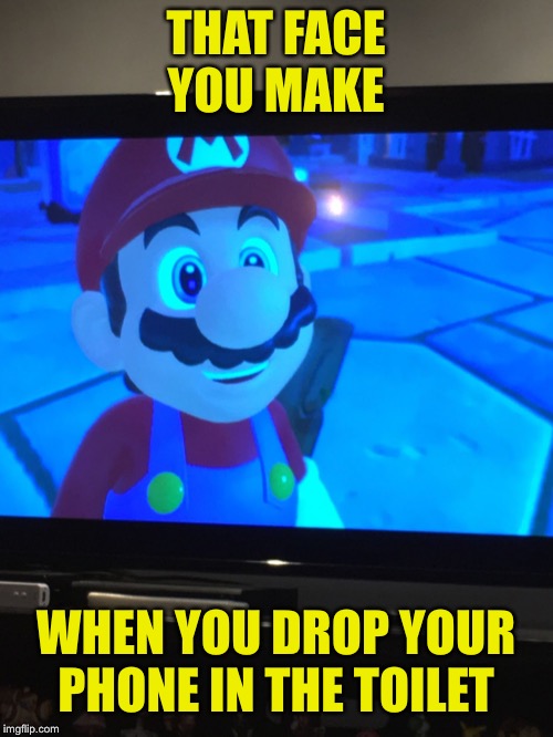 Mario yellow text meme | THAT FACE YOU MAKE; WHEN YOU DROP YOUR PHONE IN THE TOILET | image tagged in mario yellow text meme | made w/ Imgflip meme maker