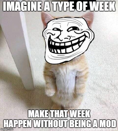 Troll Cat | IMAGINE A TYPE OF WEEK; MAKE THAT WEEK HAPPEN WITHOUT BEING A MOD | image tagged in troll cat | made w/ Imgflip meme maker