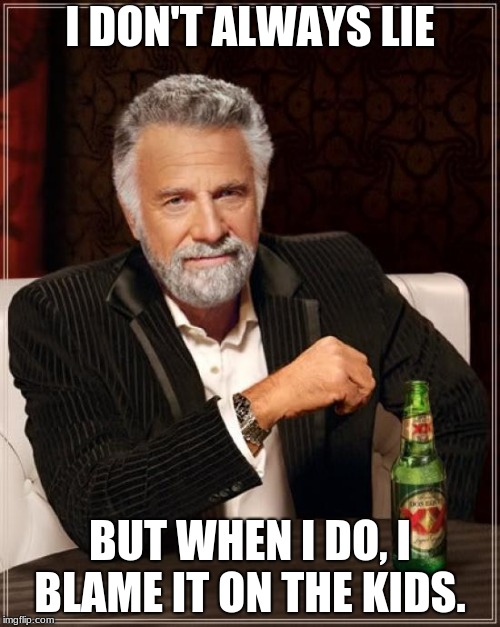 The Most Interesting Man In The World | I DON'T ALWAYS LIE; BUT WHEN I DO, I BLAME IT ON THE KIDS. | image tagged in memes,the most interesting man in the world | made w/ Imgflip meme maker