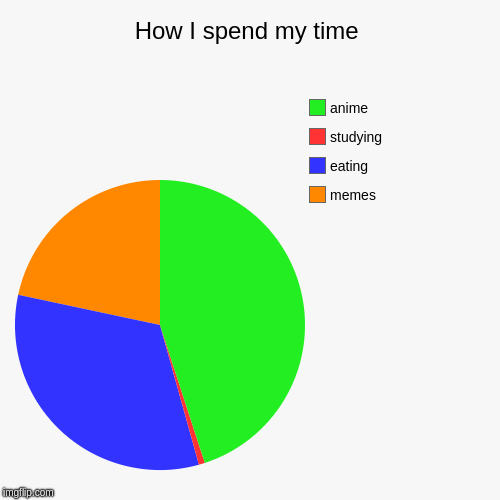 How I spend my time | memes, eating, studying, anime | image tagged in funny,pie charts | made w/ Imgflip chart maker
