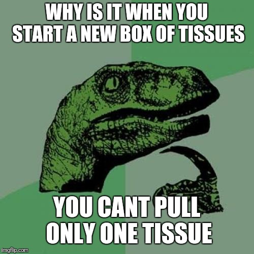 Philosoraptor Meme | WHY IS IT WHEN YOU START A NEW BOX OF TISSUES; YOU CANT PULL ONLY ONE TISSUE | image tagged in memes,philosoraptor | made w/ Imgflip meme maker