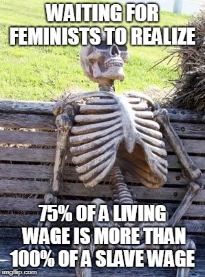 Waiting Skeleton | WAITING FOR FEMINISTS TO REALIZE; 75% OF A LIVING WAGE IS MORE THAN 100% OF A SLAVE WAGE | image tagged in memes,waiting skeleton | made w/ Imgflip meme maker