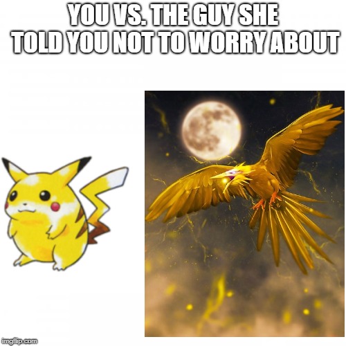 YOU VS. THE GUY SHE TOLD YOU NOT TO WORRY ABOUT | image tagged in pikachu,zapdos,you vs the guy she tells you not to worry about,memes,chubby,thisimagehasalotoftags | made w/ Imgflip meme maker