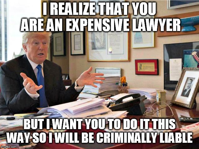 trump cohen |  I REALIZE THAT YOU ARE AN EXPENSIVE LAWYER; BUT I WANT YOU TO DO IT THIS WAY SO I WILL BE CRIMINALLY LIABLE | image tagged in donald trump | made w/ Imgflip meme maker