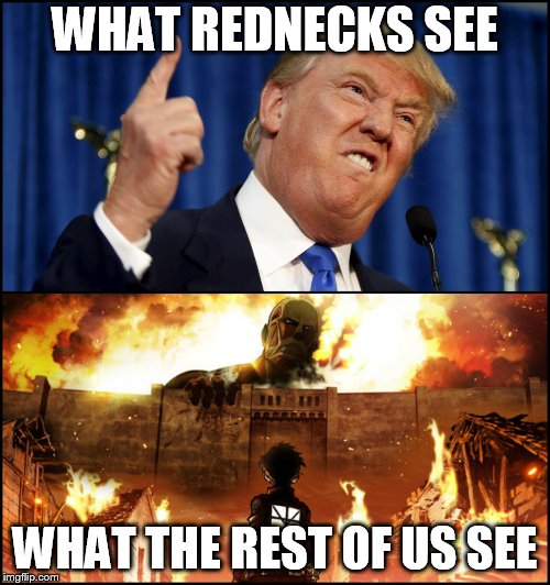 Donald Trump's wall VS. Attack on Titan | WHAT REDNECKS SEE; WHAT THE REST OF US SEE | image tagged in donald trump's wall vs attack on titan | made w/ Imgflip meme maker