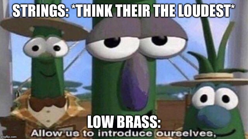 VeggieTales 'Allow us to introduce ourselfs' | STRINGS: *THINK THEIR THE LOUDEST*; LOW BRASS: | image tagged in veggietales 'allow us to introduce ourselfs' | made w/ Imgflip meme maker