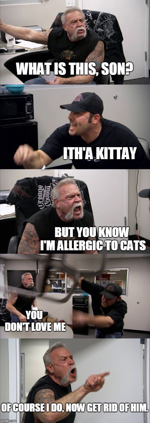 American Chopper Argument Meme | WHAT IS THIS, SON? ITH'A KITTAY; BUT YOU KNOW I'M ALLERGIC TO CATS; YOU DON'T LOVE ME; OF COURSE I DO, NOW GET RID OF HIM. | image tagged in memes,american chopper argument | made w/ Imgflip meme maker