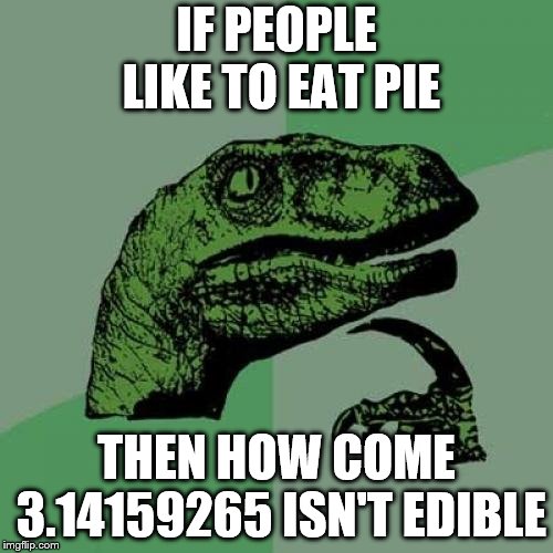 Philosoraptor Meme | IF PEOPLE LIKE TO EAT PIE; THEN HOW COME 3.14159265 ISN'T EDIBLE | image tagged in memes,philosoraptor | made w/ Imgflip meme maker