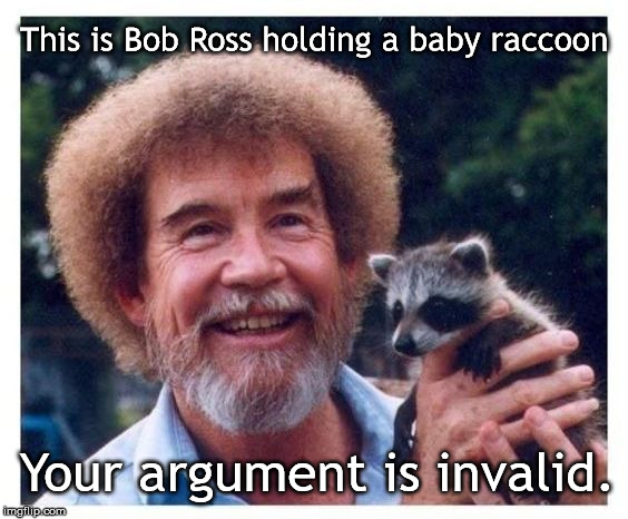 Bob Ross w/ Baby Racoon | This is Bob Ross holding a baby raccoon; Your argument is invalid. | image tagged in bob ross w/ baby racoon | made w/ Imgflip meme maker